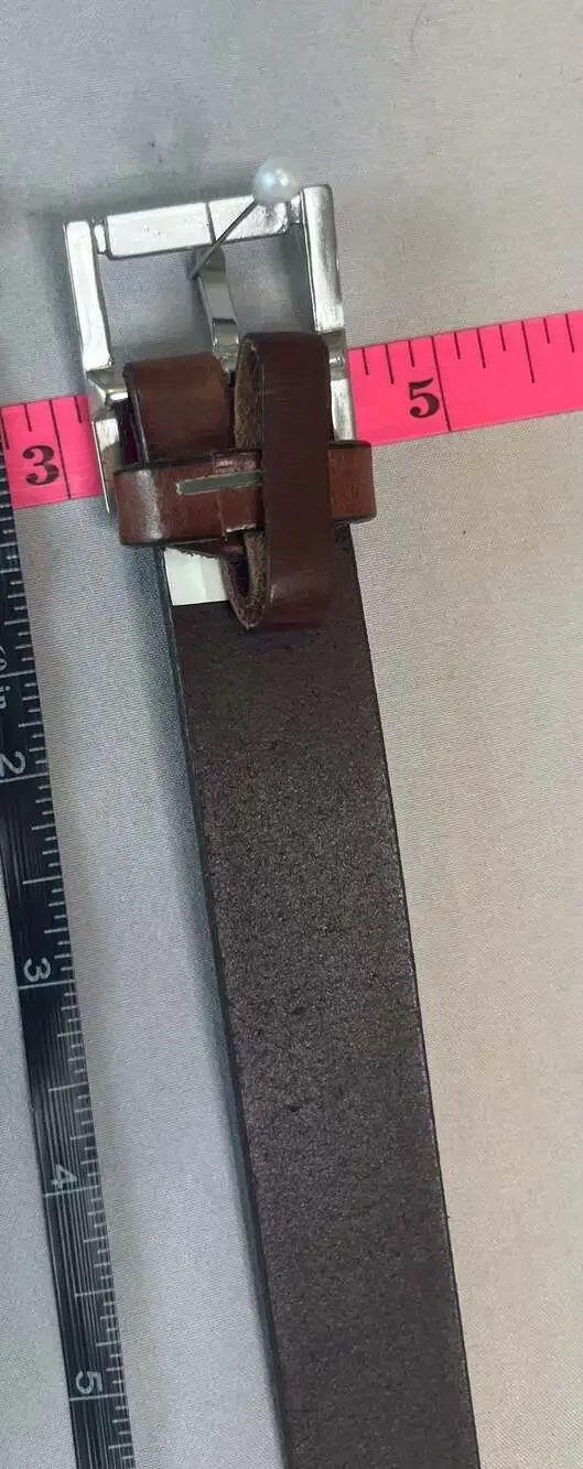 Brown Leather Belt Silver Square Buckle Western Minimalist Classic Waist Belt